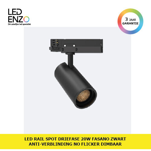 Rail Spot LED Driefase 20W Fasano Zwart Anti-verblinding No Flicker Dimbaar 