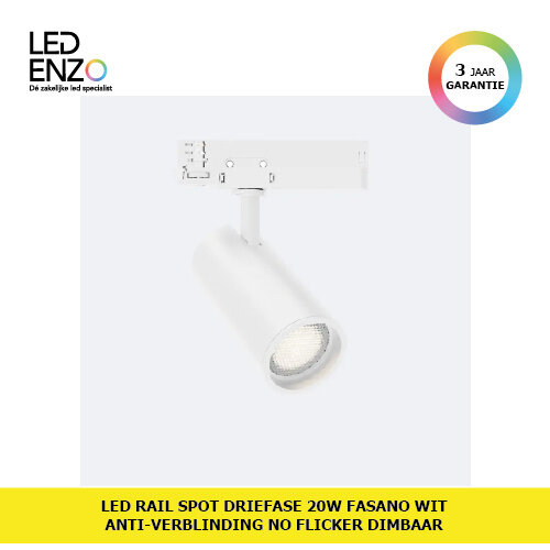 Rail Spot LED Driefase 20W Fasano Wit Anti-verblinding No Flicker Dimbaar 