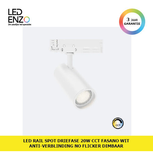 Rail Spot LED Driefase 20W CCT Fasano Wit Anti-verblinding No Flicker Dimbaar 