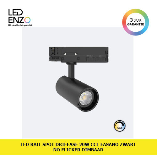 Rail Spot LED Driefase 20W CCT Fasano Wit No Flicker Dimbaar 