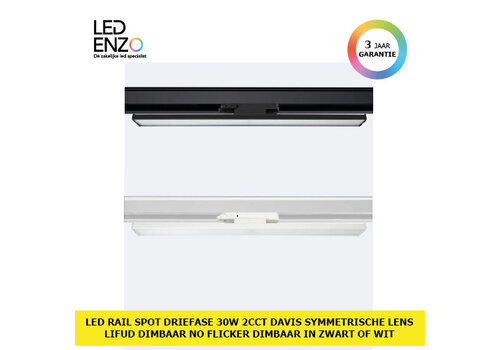 Rail Spot LED Driefase 30W 2CCT DAVIS Symmetrische Lens Lifud Dimbaar 