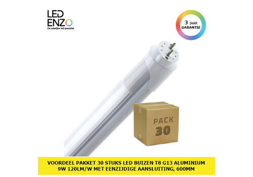 Doos met 30st LED buizen T8 G13 Aluminium 60cm met éénzijdige aansluiting 9W 120lm/W Helder Wit 