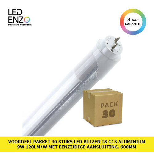 Doos met 30st LED buizen T8 G13 Aluminium 60cm met éénzijdige aansluiting 9W 120lm/W Helder Wit 