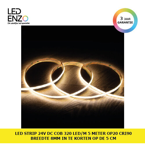 LED Strip 24V DC COB 320 LED/m 5m IP20 CRI90 Breedte 8mm in te korten om de 5 cm 