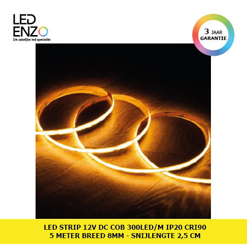 LED Strip 12V DC COB 320 LED/m 5m IP20 CRI90 Breedte 8mm Snijlengte 2,5cm 