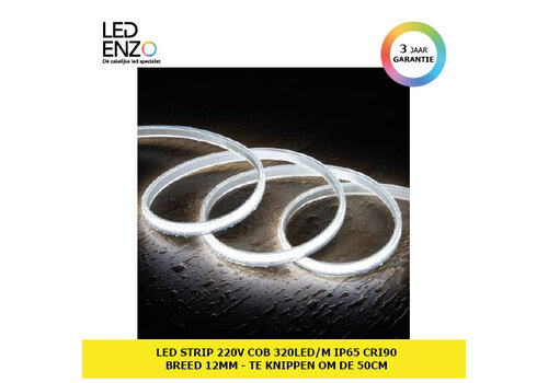 LED Strip 220V COB 320 LED/m Koel Wit IP65 CRI90 Breedte 12mm te knippen om de 50cm 