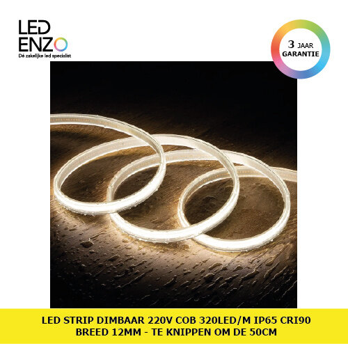 LED Strip Dimbaar 220V COB 320 LED/m Neutraal Wit IP65 CRI90 Breedte 12mm te knippen om de 50cm 