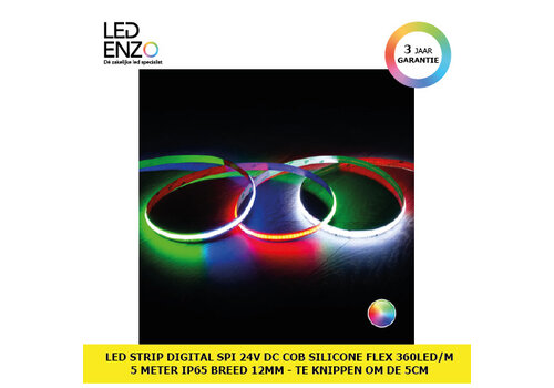 LED Strip RGBIC Digital SPI 24V DC COB Silicone FLEX 360 LED/m 5m IP65 Breedte 12mm te knippen om de 5 cm 