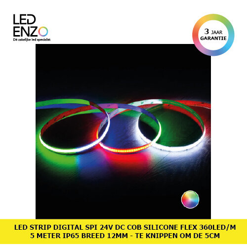 LED Strip RGBIC Digital SPI 24V DC COB Silicone FLEX 360 LED/m 5m IP65 Breedte 12mm te knippen om de 5 cm 