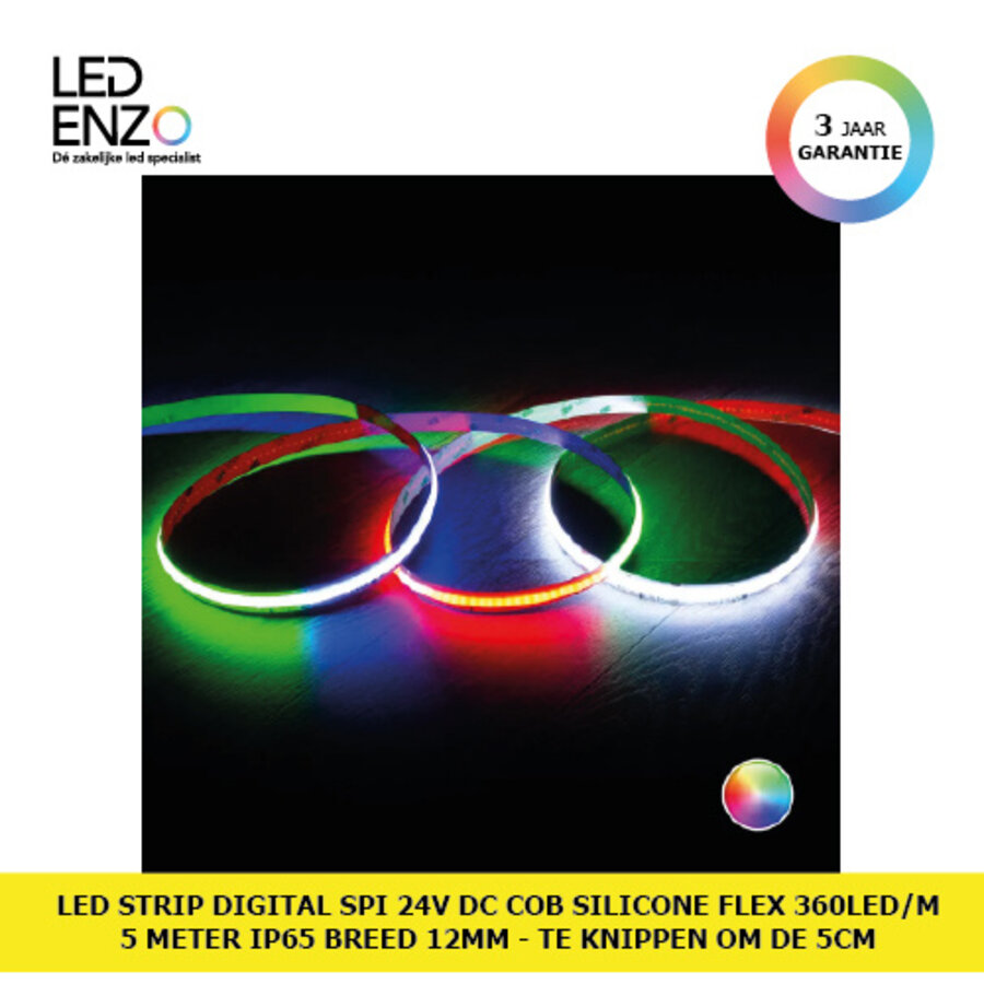 LED Strip RGBIC Digital SPI 24V DC COB Silicone FLEX 360 LED/m 5m IP65 Breedte 12mm te knippen om de 5 cm-1