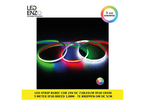 LED Strip RGB IC COB 24V DC 720 LED/m 5m IP20 CRI90 Breedte 12mm te knippen om de 5cm 