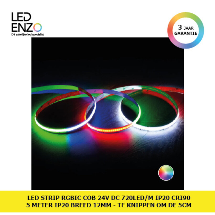 LED Strip RGB IC COB 24V DC 720 LED/m 5m IP20 CRI90 Breedte 12mm te knippen om de 5cm-1