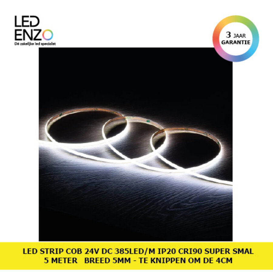 ED Strip COB 24V DC 385 LED/m 5m IP20 CRI90 Super Smal Breedte 5mm Knip om de 4cm-1