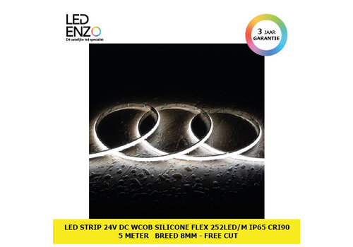 LED Strip 24V DC WCOB Silicone FLEX 252 LED/m 5m IP65 CRI90 Breedte 8mm FreeCut 