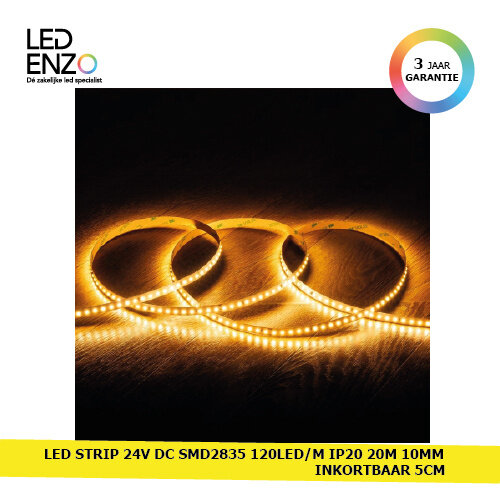 LED Strip 24V DC SMD2835 120LED/m IP20 20m Breedte 10mm Knipsnede 5cm Lange Afstand 