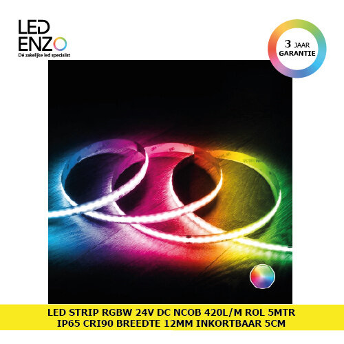 LED Strip RGBW 24V DC COB 420 LED/m 5m IP20 CRI90 Breedte 12mm Knip 5 cm 