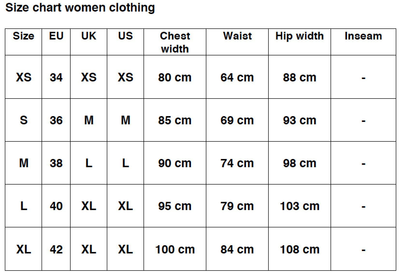 Apparel Size Chart