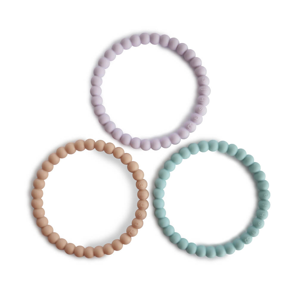 Mushie Set 3 Siliconen Bijtringen - Lilac/Cyan/Soft Peach