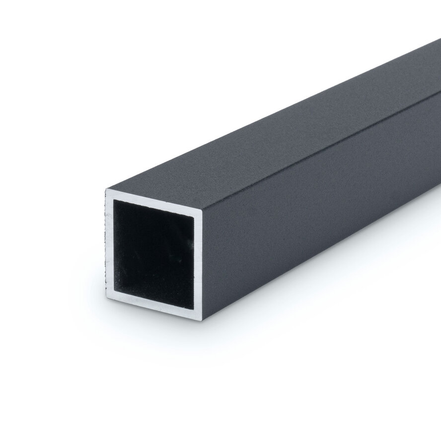 Antraciet aluminium koker vierkant - 40x40x2 mm - gecoat in RAL 7016 of 7021 - 6060 T6 (alu kokerprofiel / buis vierkant) Antraciet aluminium koker vierkant - 40x40x2 mm - gecoat in RAL 7016 of 7021 - 6060 T6 (alu kokerprofiel / buis vierkant)