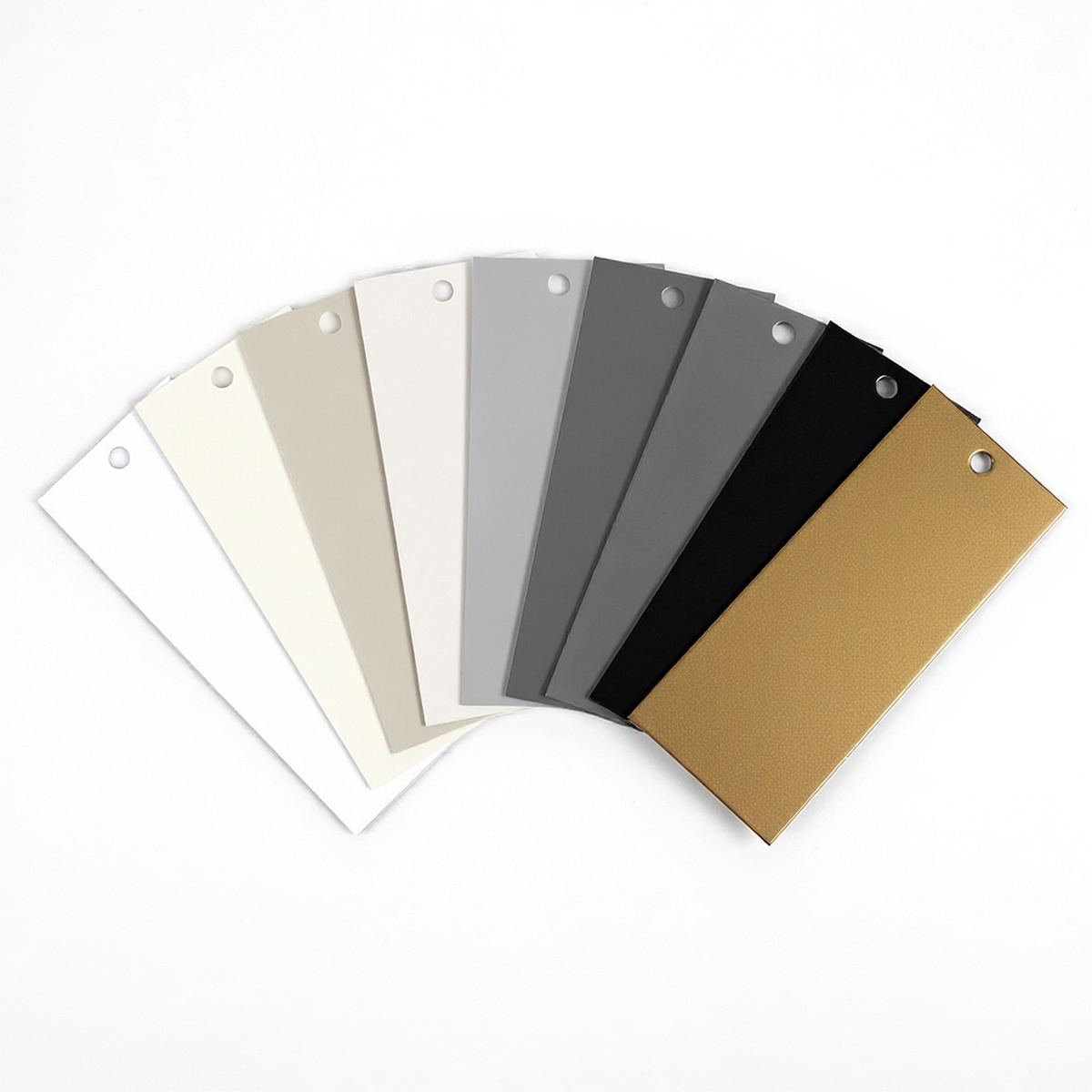 Sample poedercoating - zwart RAL 9005- antraciet RAL 7016 & 7021 - wit RAL 9001, 9010 & 9016 - grijs RAL 7030, 7044, 9002 & 1019 - brons