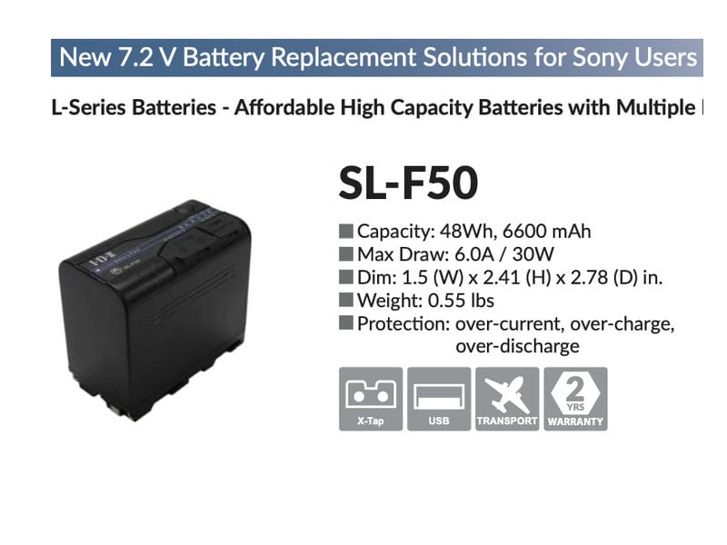 IDX SL-F50 - 7.2V 48Wh Rechargeable Lithium Ion Battery with 1 x X Tap + USB O/P