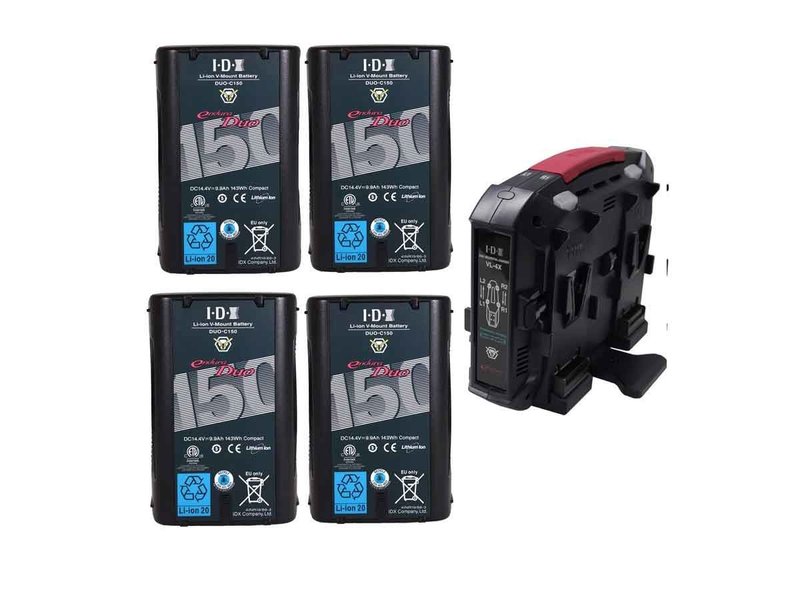 IDX 4x DUO-C150P Batteries, 1x VL-4X Charger, with 4 pin XLR DC output (90W)