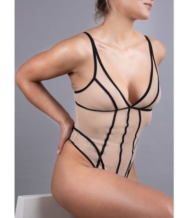 Plunging Bodysuit Sheer Beige