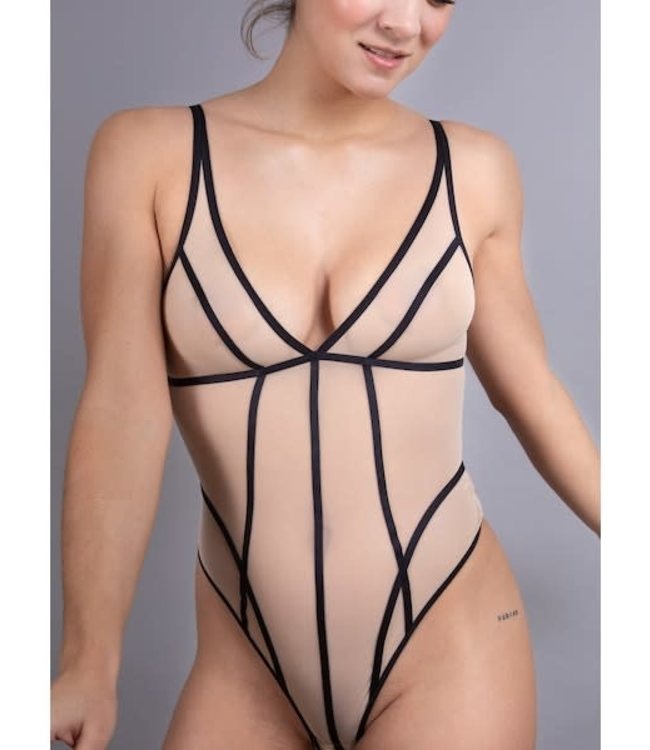 Plunging Bodysuit Sheer Beige
