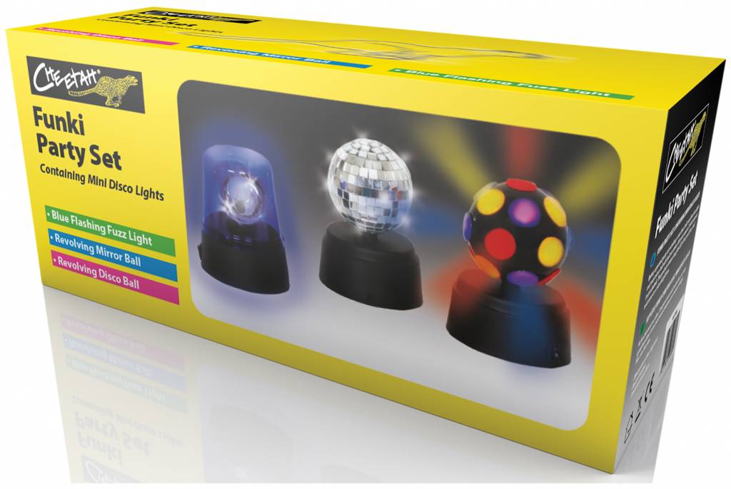 Cheetah Funki Party set met mini discolampen voor kinderen