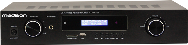 Madison MAD1400BT-BK is een HiFi stereo versterker met bluetooth