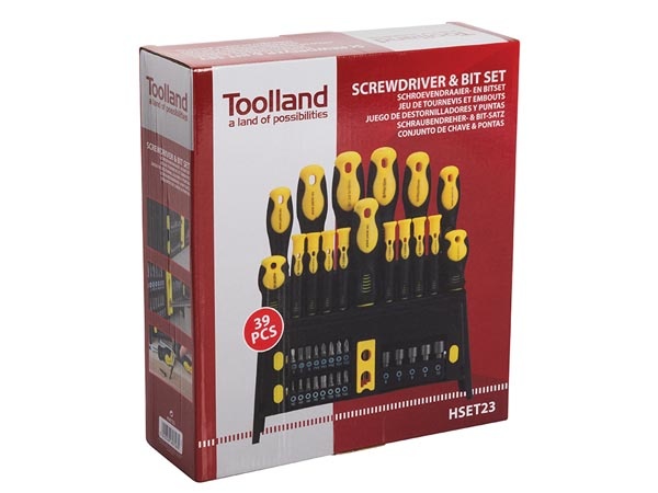Toolland schroevendraaier- en bitset RVS geel/zwart 39-delig