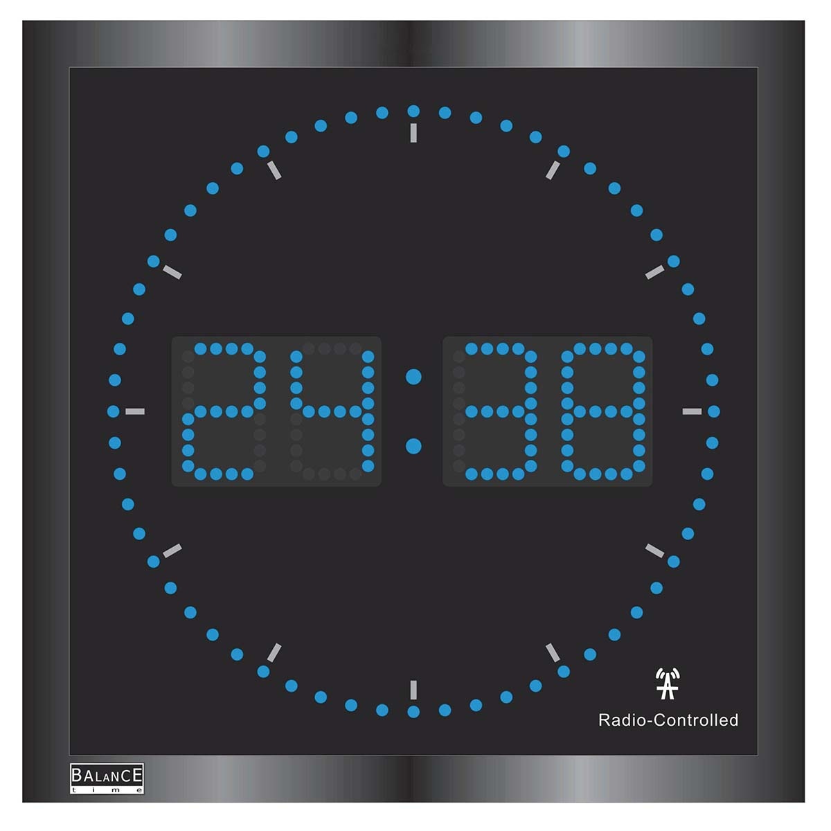 Balance digitale klok met blauwe LEDs en ronde seconde-aanduiding