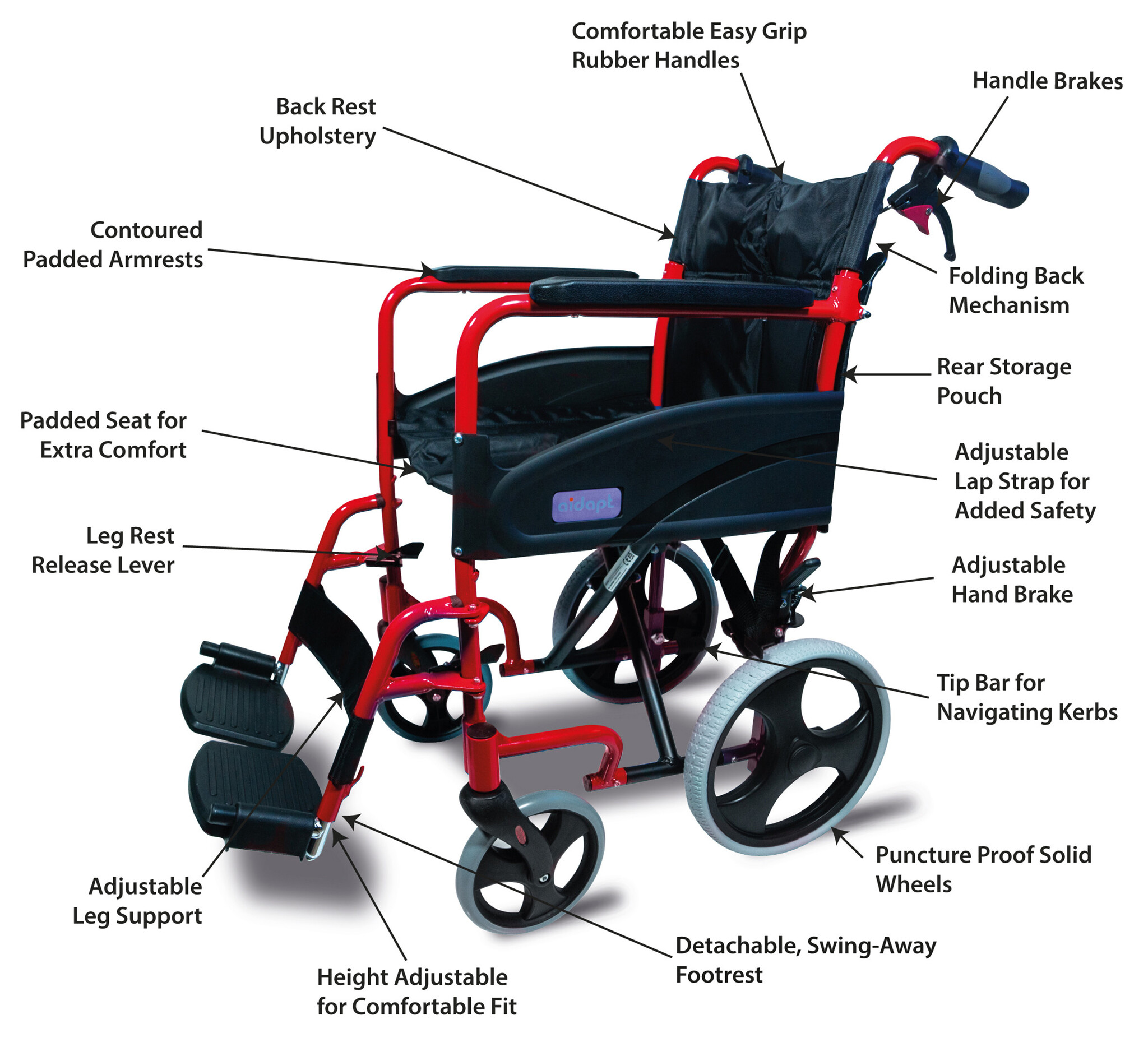 Aidapt Lichtgewicht Transport Rolstoel Rood van Aluminium VA170RED