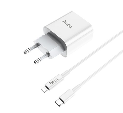 Hoco 20W USB C Oplader met USB C naar Lightning Kabel - Snellader / Fast Charger - iPhone Oplader - Wit