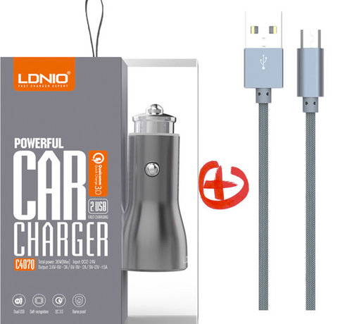 LDNIO - Premium Fast Charger Car Charger with 2 USB Ports with Lightning Charging Cable - Qualcomm 3.0 connection