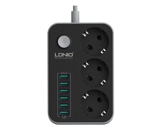 LDNIO Premium Stekkerdoos | Contactdoos met 6USB ingangen | Verdeeldoos | 1.60M Snoer | Aan/Uitschakelaar | Geschikt voor Apple / Samsung / LG / Huawei / HTC | Zwart