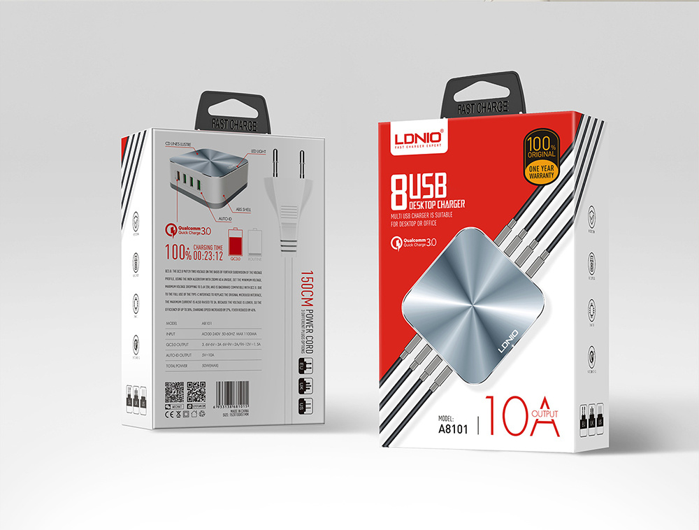 LDNIO - Premium Oplaad Station - 10A - 8 USB poorten met Auto-ID en Qualcomm 3.0 Ingang - zilver