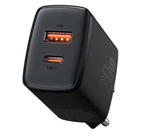 Baseus Compact 2 in 1 Oplader | USB C en USB A Lader | 20W | Zwart
