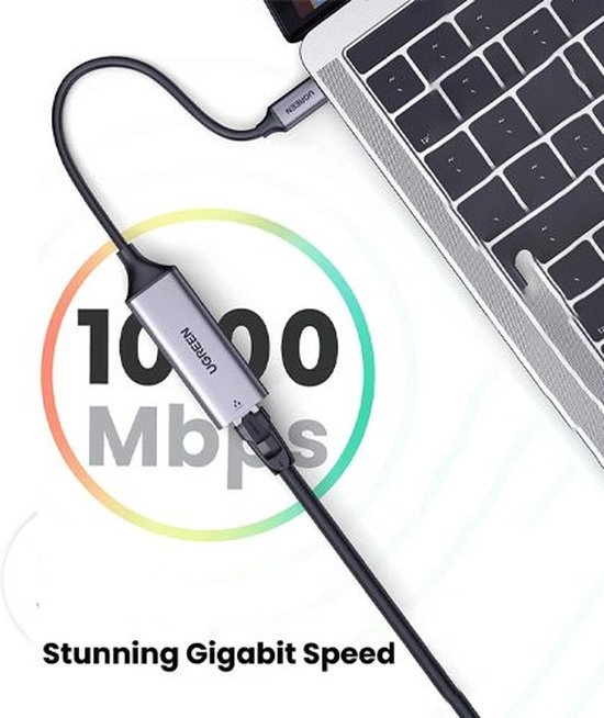 Ugreen USB-C Gigabit Ethernet-adapter - 10/100/1000 Mbps - 20cm - Grijs
