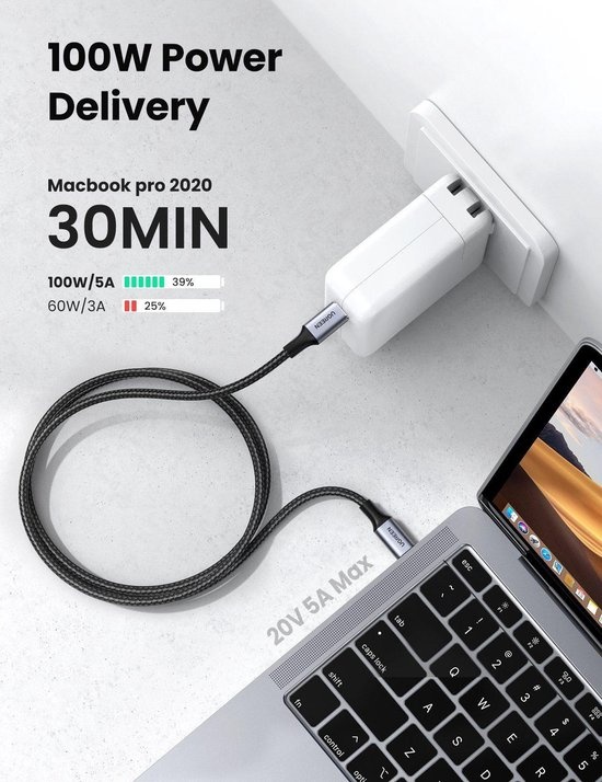 UGREEN USB C naar USB C Kabel 100W PD, USB Type C Nylon Snel Opladen Data Kabel Compatibel met iPad Pro 2020, MacBook Air 2020/2019, OnePlus 8/ 7Pro, Google Pixel 4/3 enz. (1M)