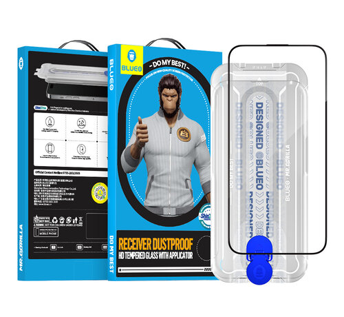 Blueo Blueo Mr. Gorilla Screen Protector iPhone 15 Plus / iPhone 14 Pro Max (6.7 inch) - 9H Tempered Glass - Full Cover Anti-Static & Dust HD Glass - Case Friendly - With Applicator Frame for Easy Installation