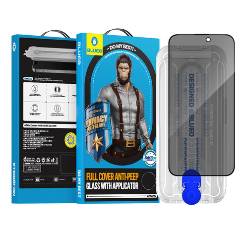 Blueo BLUEO Gorilla Glasfolie - iPhone 15 Pro Privacy Screenprotector - Met Installatie Kit