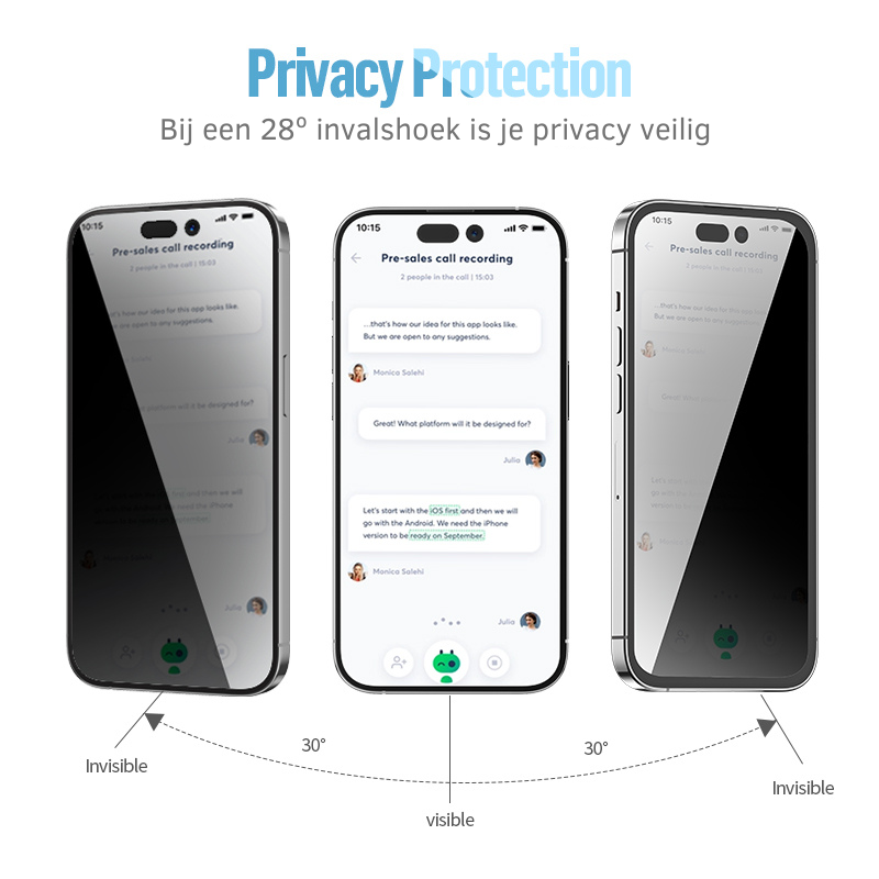 BLUEO Gorilla Glasfolie - iPhone 15 Pro Max Privacy Screenprotector - Met Installatie Kit
