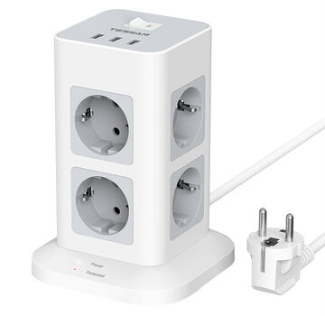 Tessan TESSAN Stekkerdoos met 8 Outlets - Aan/Uit Schakelaar - 3 USB Aansluitingen - 2m - 16A - 3600W - Wit