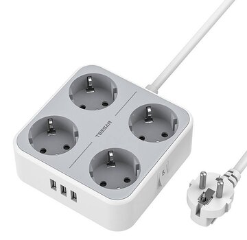 Tessan TESSAN Stekkerdoos met 4 uitgangen en 3 USB A Poorten - 2500W Stopcontact - Grijs - Aan Uit Schakelaar