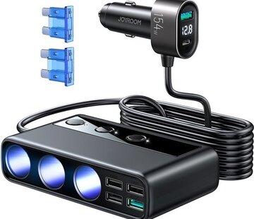 Joyroom  Joyroom 154W Autolader met sigarettenaansteker Splitter met USB C en USB A - Zwart