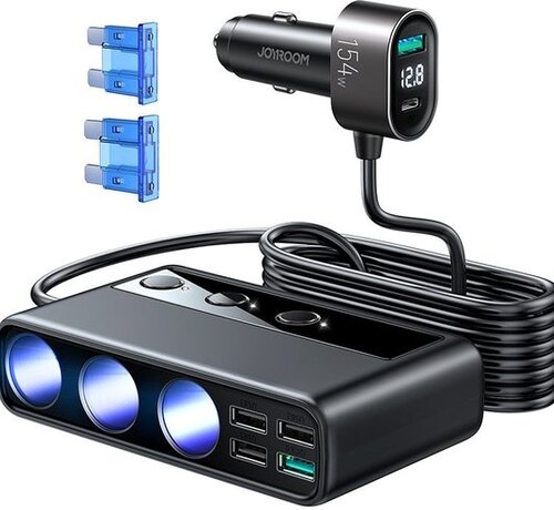 Joyroom  Joyroom 154W Autolader met sigarettenaansteker Splitter met USB C en USB A - Zwart