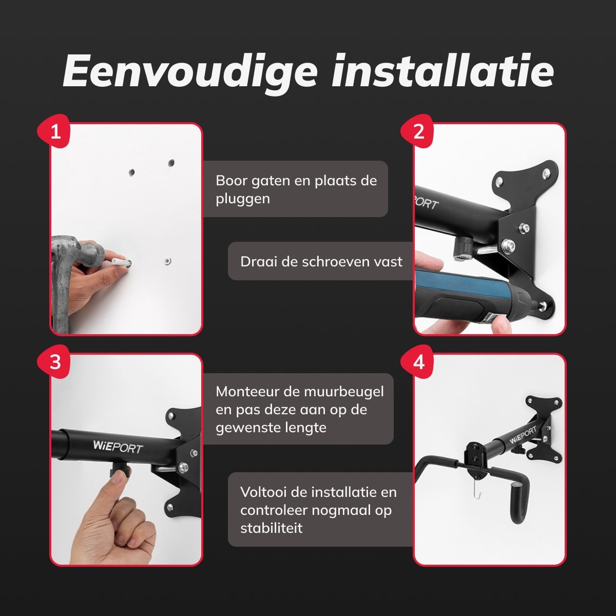 Wieport - Fiets Ophangsysteem - Verstelbaar - Muurbeugel Fiets - Fiets Ophangbeugel