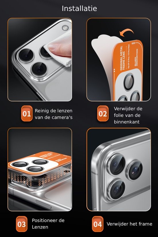 BLUEO Camera Lens Protector Geschikt voor iPhone 17 Pro & 17 Pro Max - RVS & Glas - Oranje
