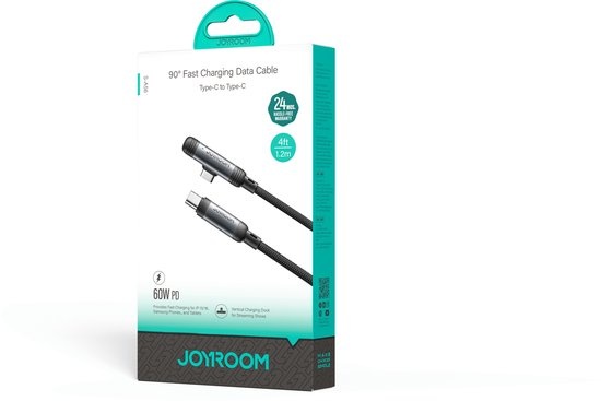Joyroom 60W USB‑C Snellader Kabel - 1,2 m met 90° Haakse Connector - Zwart